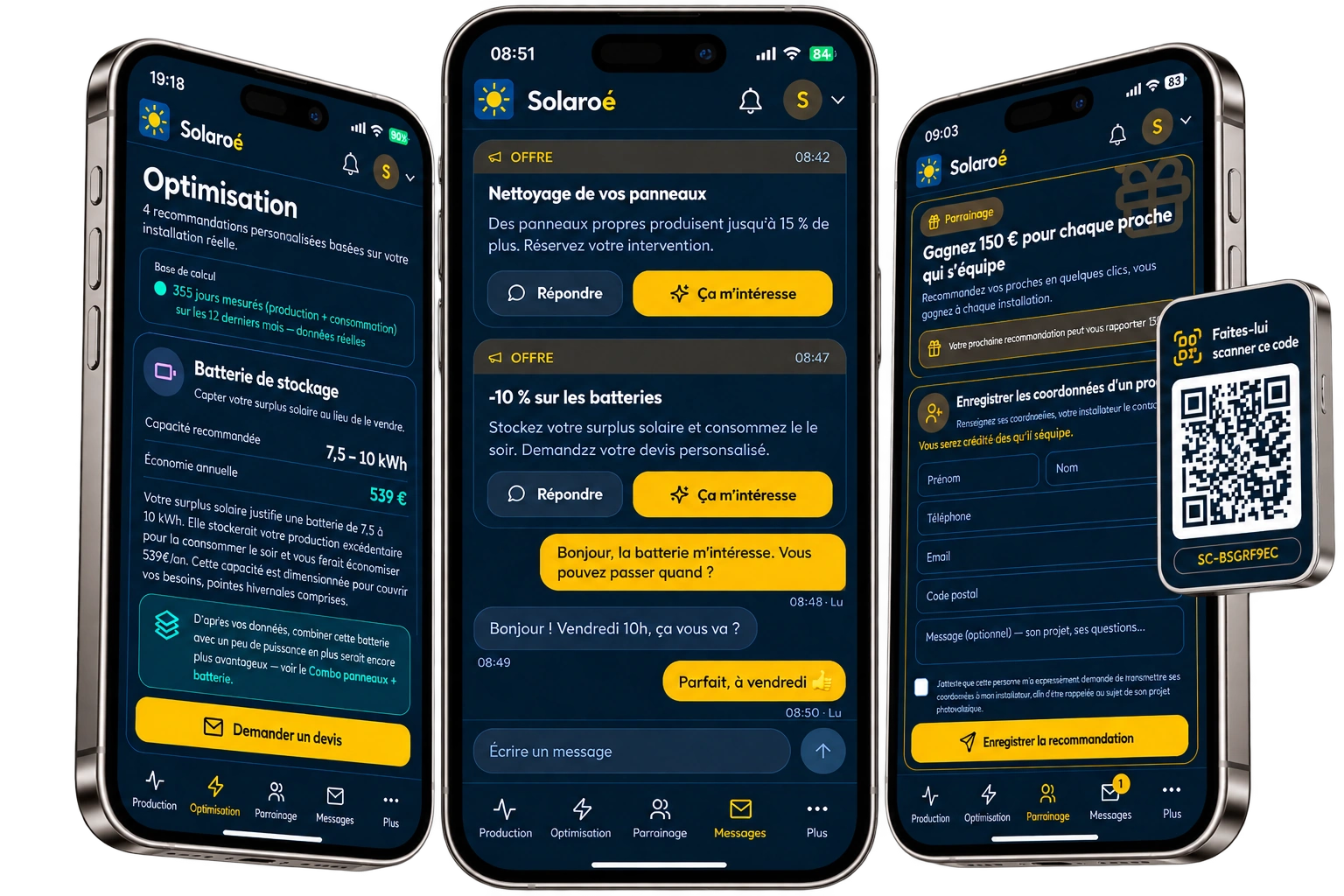 Écrans Optimisation, Messages et Parrainage de l'application client